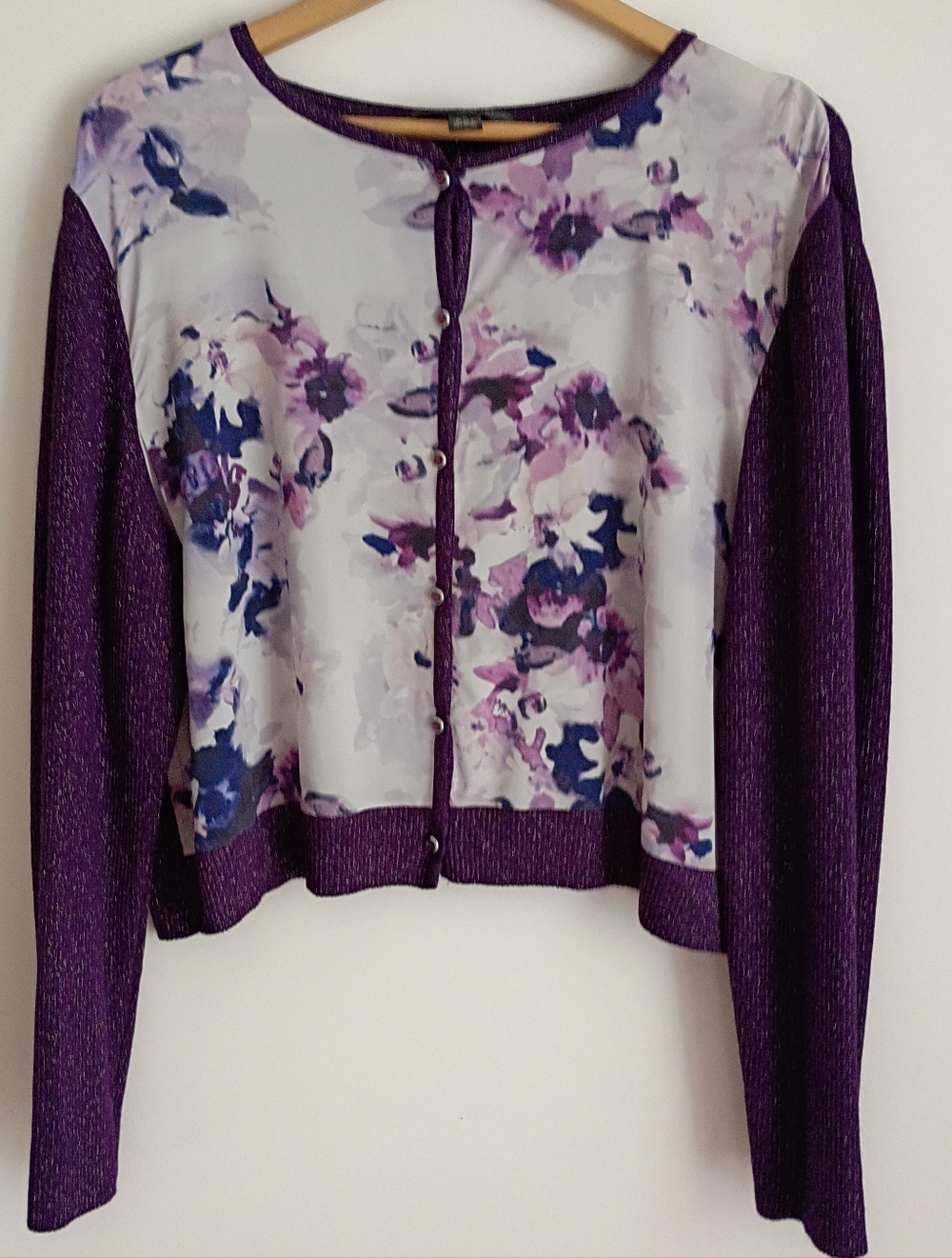 St John Luxury Metallic Knit Floral Wool Silk Jewel Button Purple Cardigan